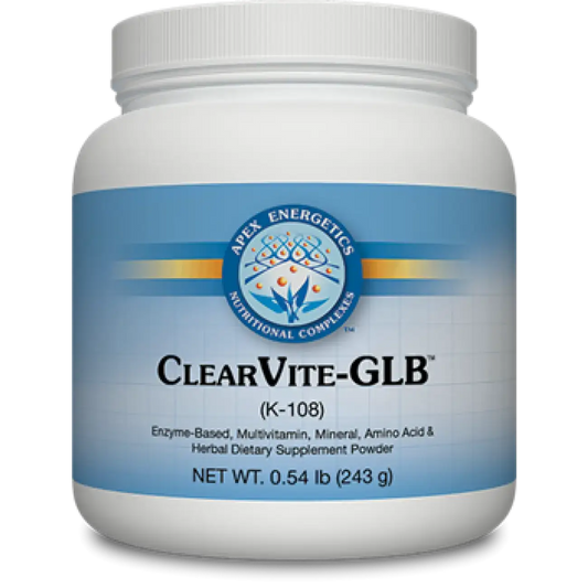 ClearVite-GLB detox supplement powder jar by Apex Energetics with enzyme multivitamin and minerals