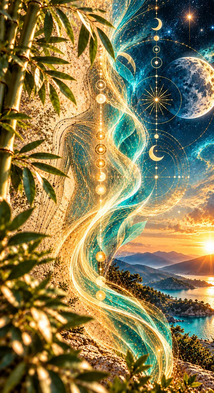 A luminous, translucent teal and gold energy stream flows through a mystical landscape with bamboo leaves in the foreground.