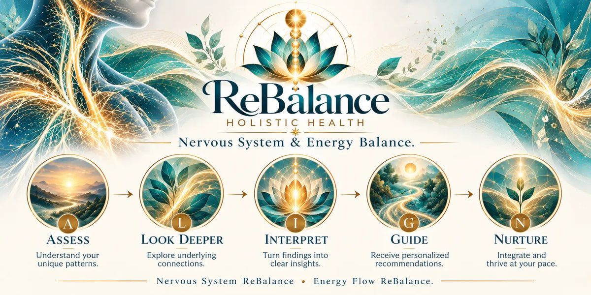 Rebalance holistic health logo featuring a teal and gold lotus design with flowing energy lines.