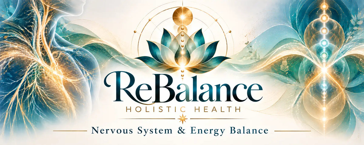 Rebalance holistic health logo featuring a teal and gold lotus flower with radiant energy swirls.
