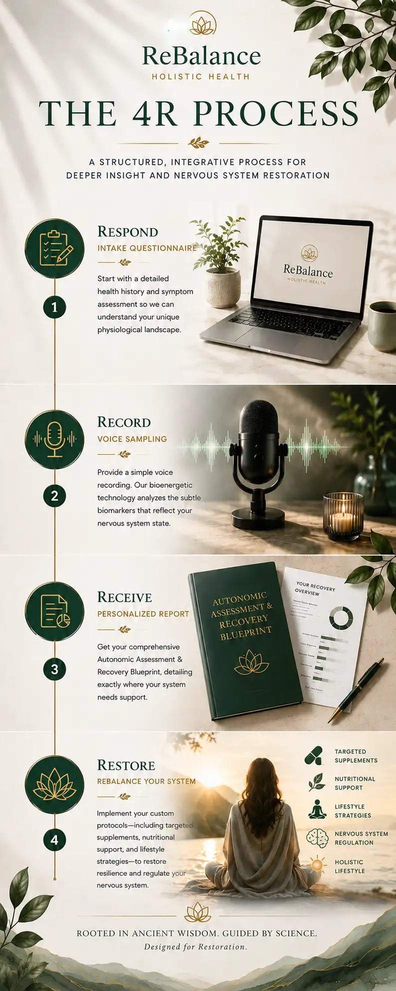 Rebalance holistic health’s ’the 4r process’ infographic, featuring a silver laptop with the rebalance logo and greenery accents.