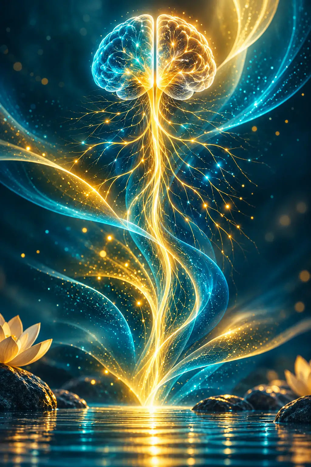 A glowing, stylized human brain with a split design, half blue and half golden, with radiant neural pathways extending downward into water.
