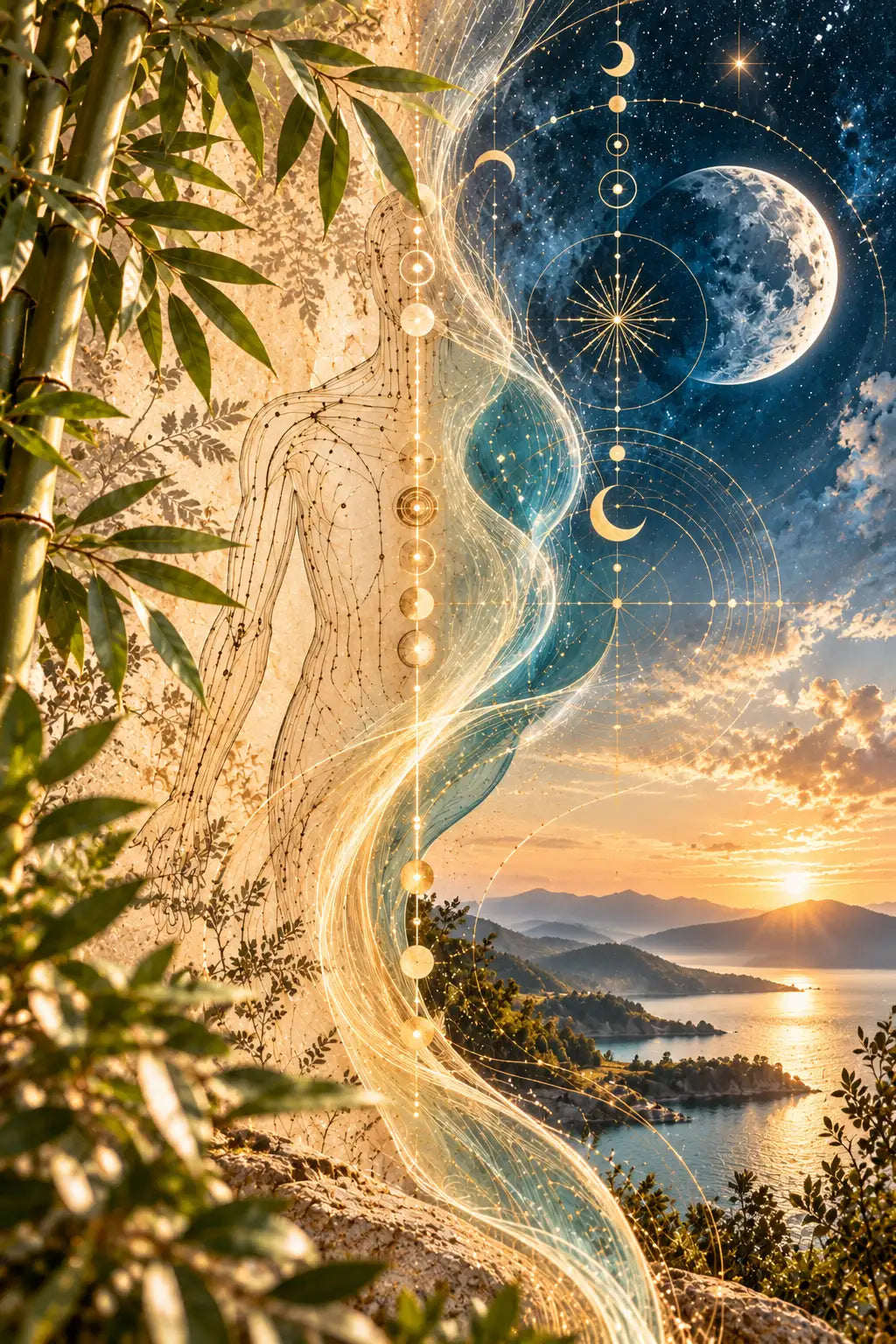 A translucent, glowing blue and gold energy stream flows through a surreal landscape with bamboo leaves on the left and a starry night sky over mountains and water on the right.